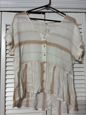 Blu Pepper Cream and Beige Striped Button-Front Peplum Blouse